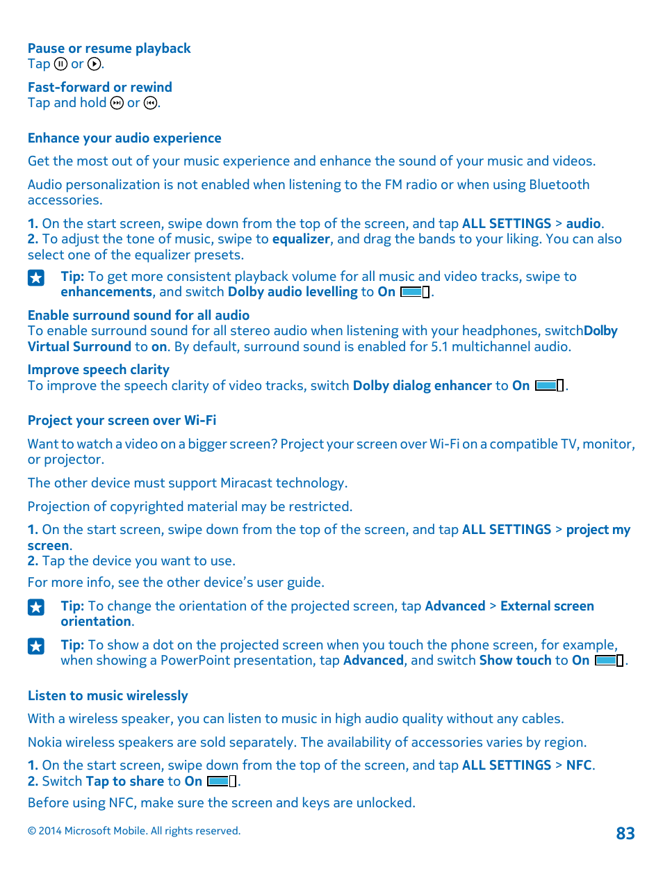 Enhance your audio experience, Project your screen over wi-fi, Listen to music wirelessly | Nokia Lumia 1520 User Manual | Page 83 / 115