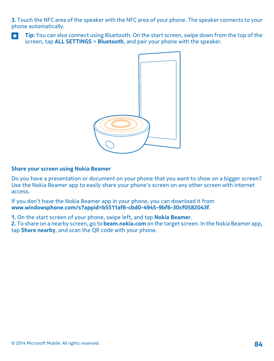 Share your screen using nokia beamer | Nokia Lumia 1520 User Manual | Page 84 / 115