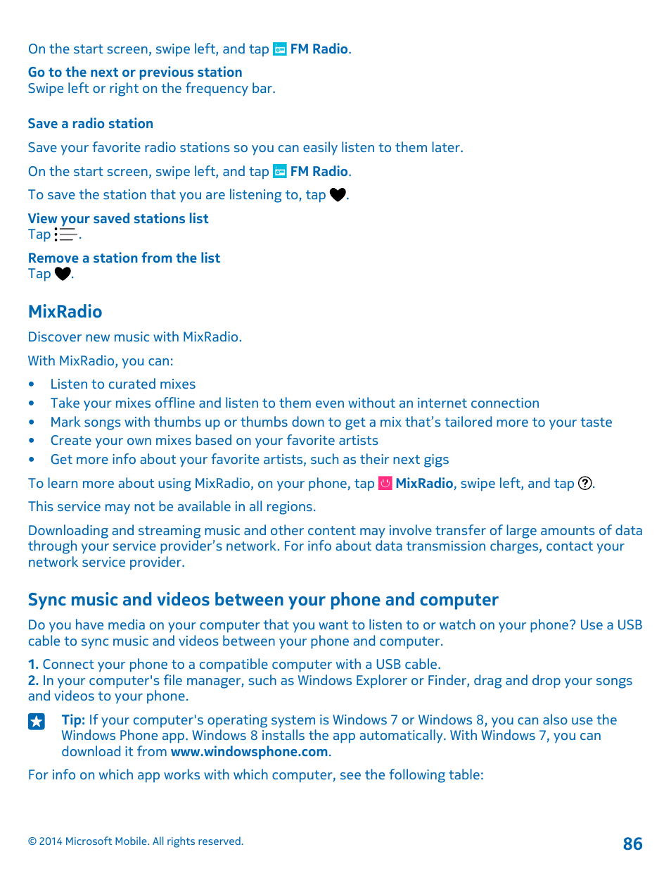 Save a radio station, Mixradio, Sync music and videos between your | Phone and computer | Nokia Lumia 1520 User Manual | Page 86 / 115