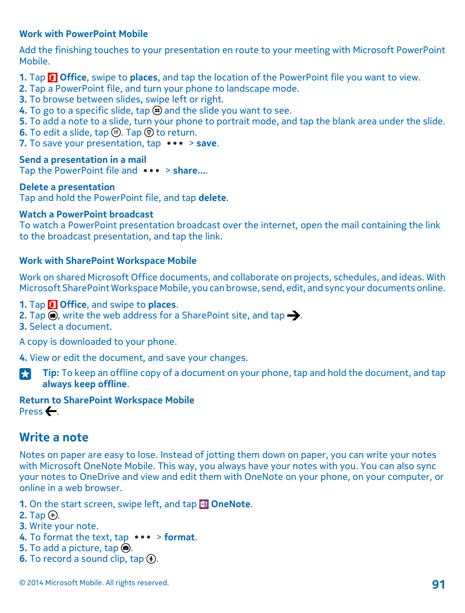 Work with powerpoint mobile, Work with sharepoint workspace mobile, Write a note | Nokia Lumia 1520 User Manual | Page 91 / 115