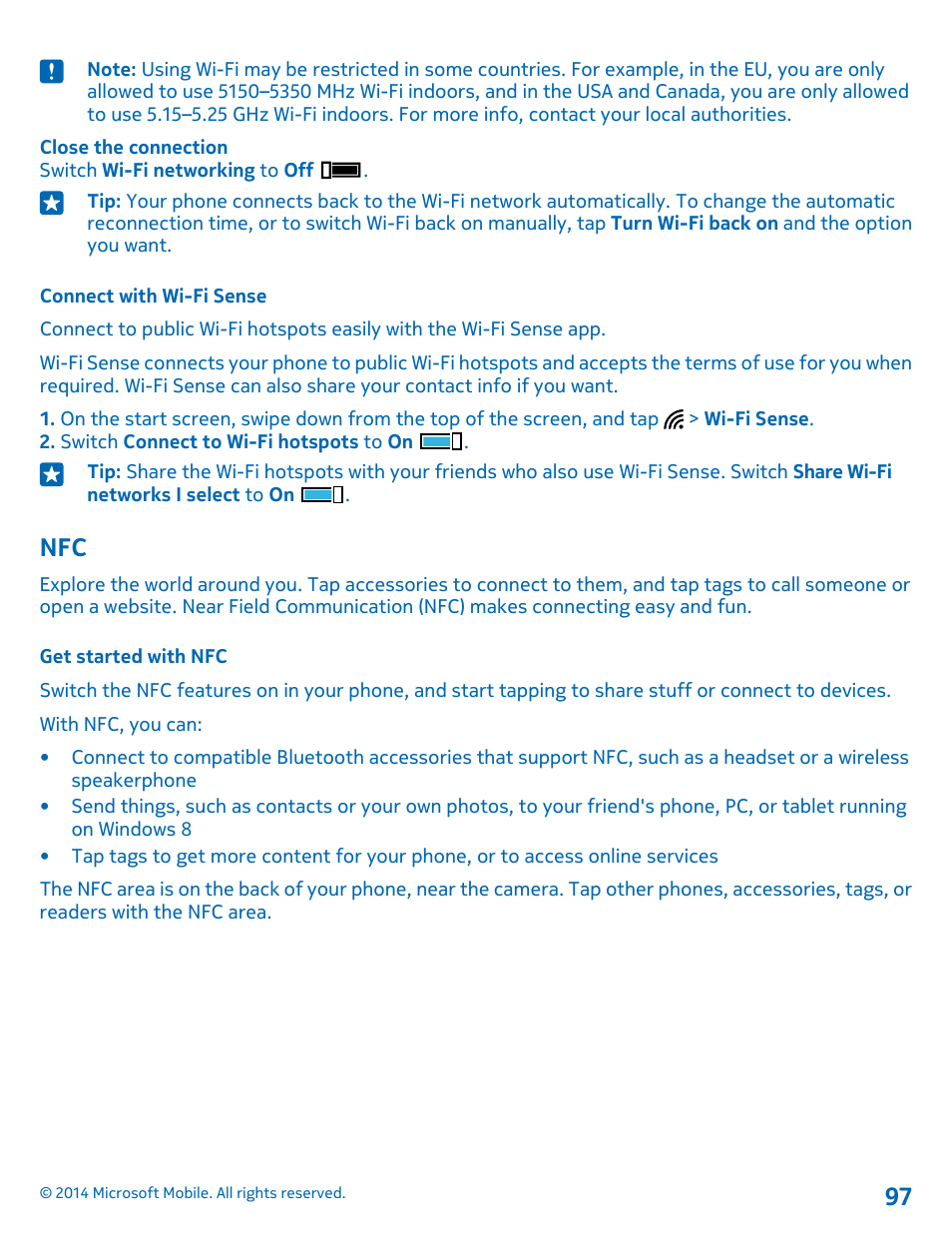 Connect with wi-fi sense, Get started with nfc | Nokia Lumia 1520 User Manual | Page 97 / 115