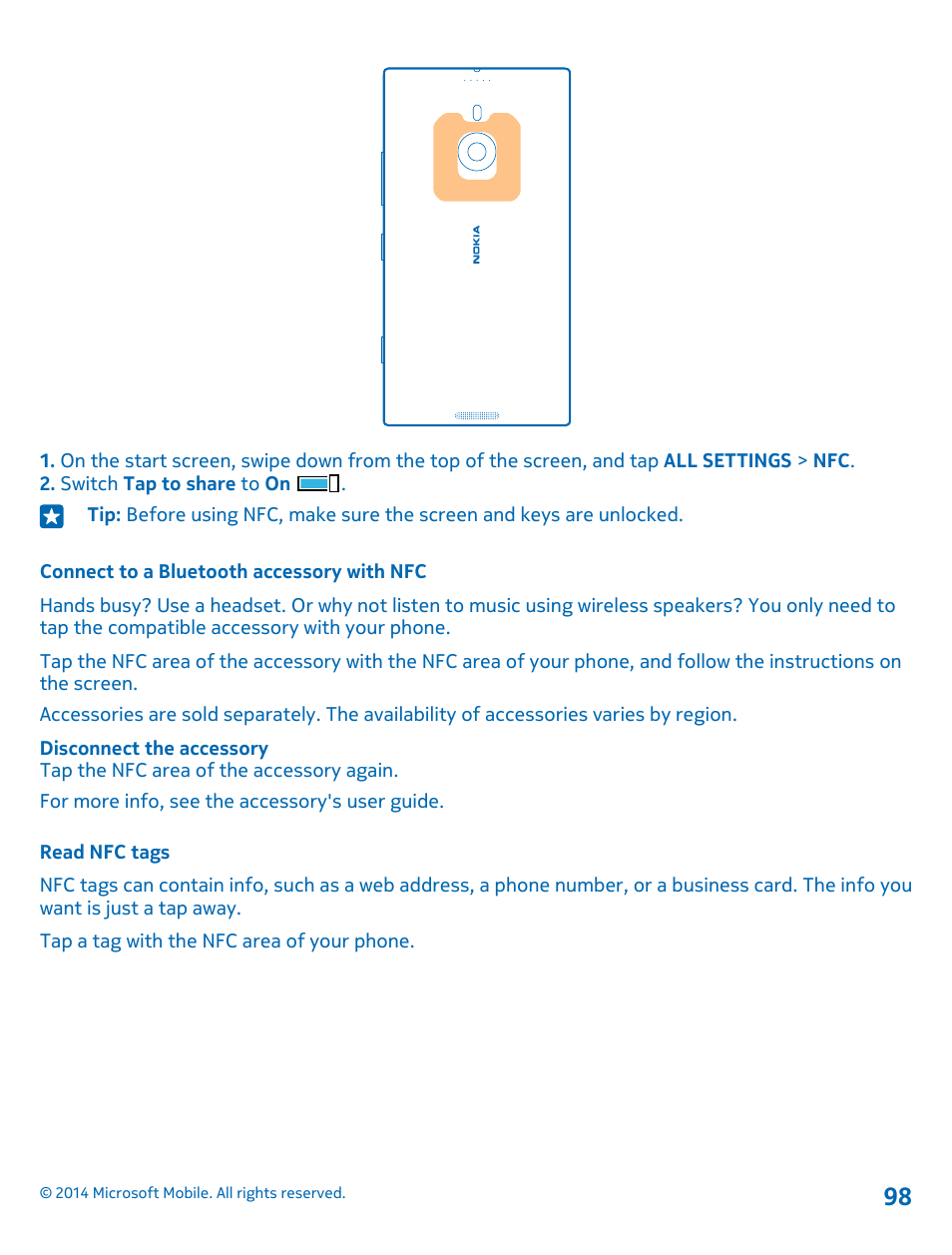 Connect to a bluetooth accessory with nfc, Read nfc tags | Nokia Lumia 1520 User Manual | Page 98 / 115