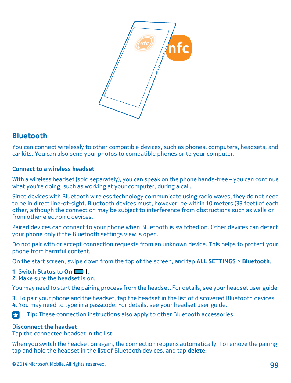 Bluetooth, Connect to a wireless headset | Nokia Lumia 1520 User Manual | Page 99 / 115
