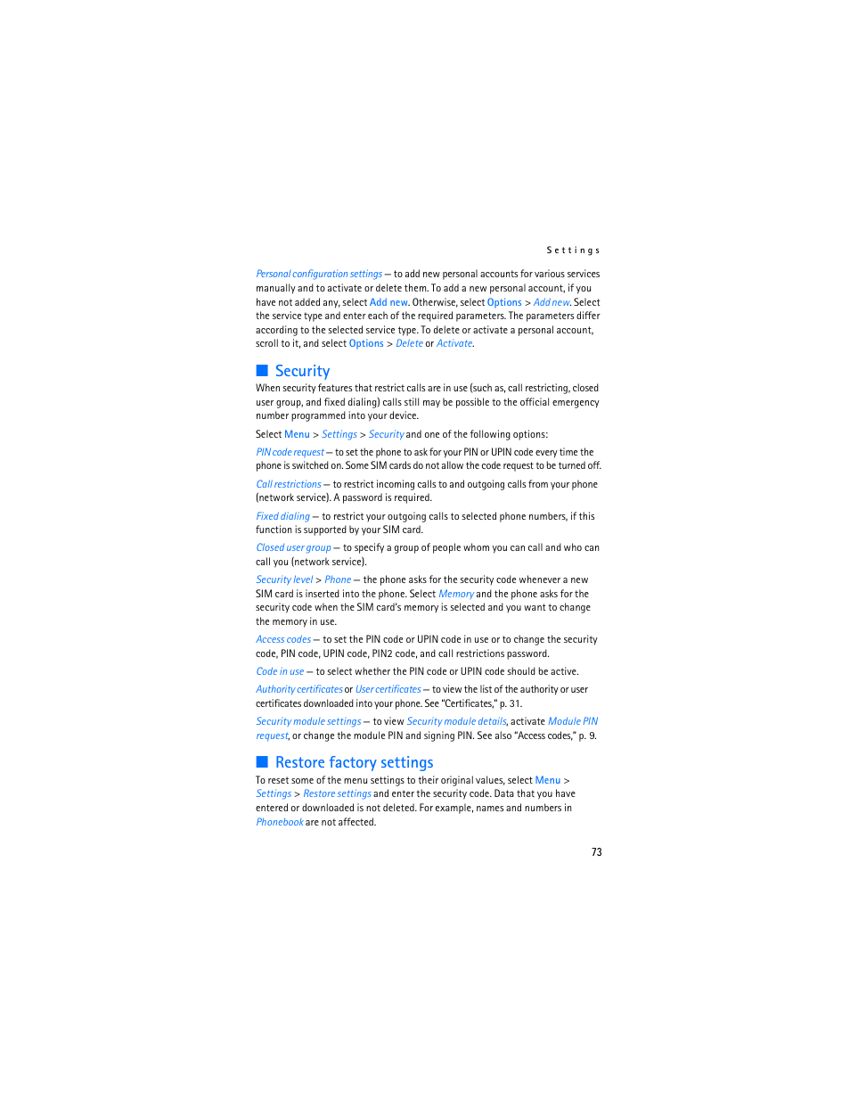 Security, Restore factory settings, Security restore factory settings | Security,” p. 73 | Nokia 6086 User Manual | Page 106 / 233