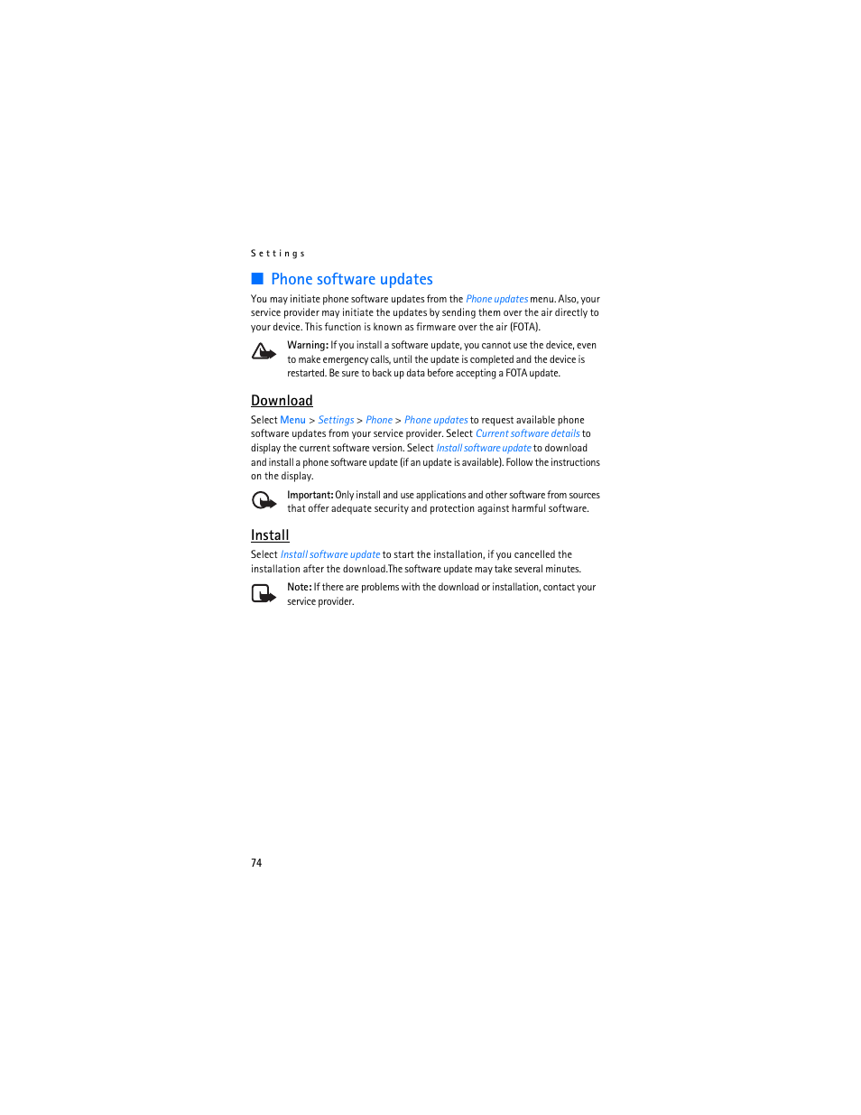 Phone software updates, Phone software updates,” p, Download | Install | Nokia 6086 User Manual | Page 107 / 233