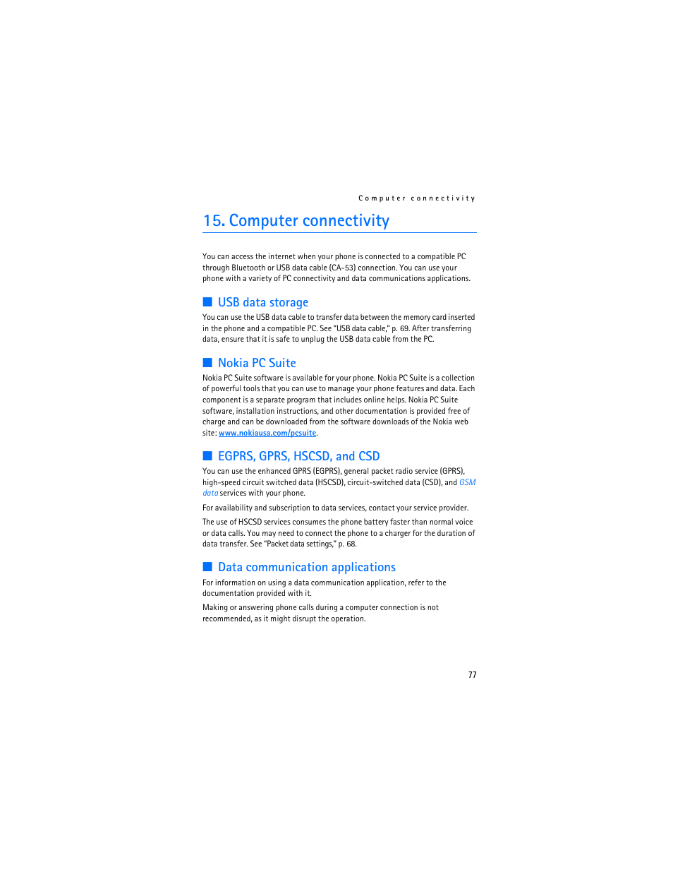 Computer connectivity, Usb data storage, Nokia pc suite | Egprs, gprs, hscsd, and csd, Data communication applications | Nokia 6086 User Manual | Page 110 / 233