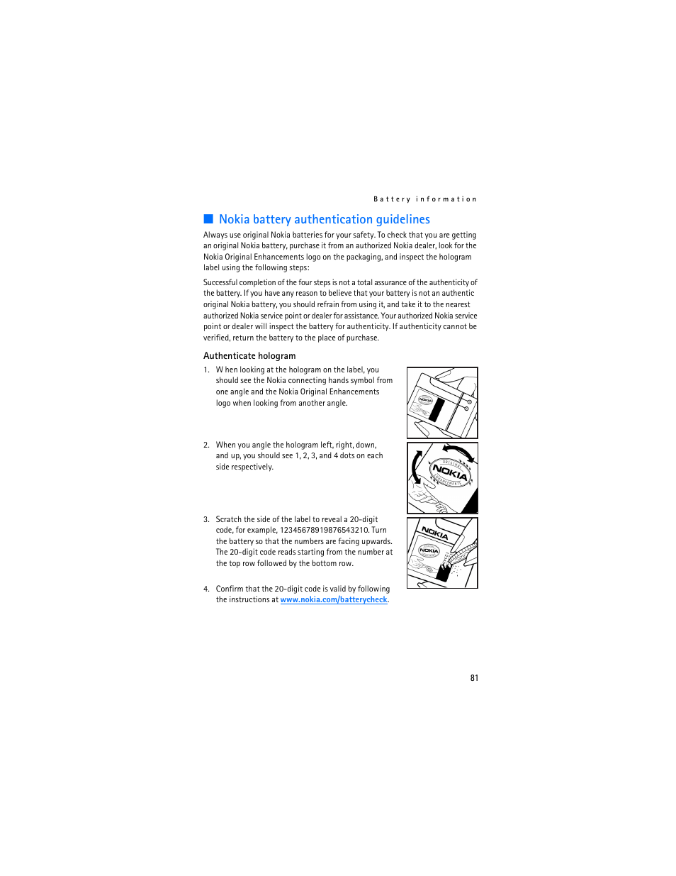 Nokia battery authentication guidelines | Nokia 6086 User Manual | Page 114 / 233