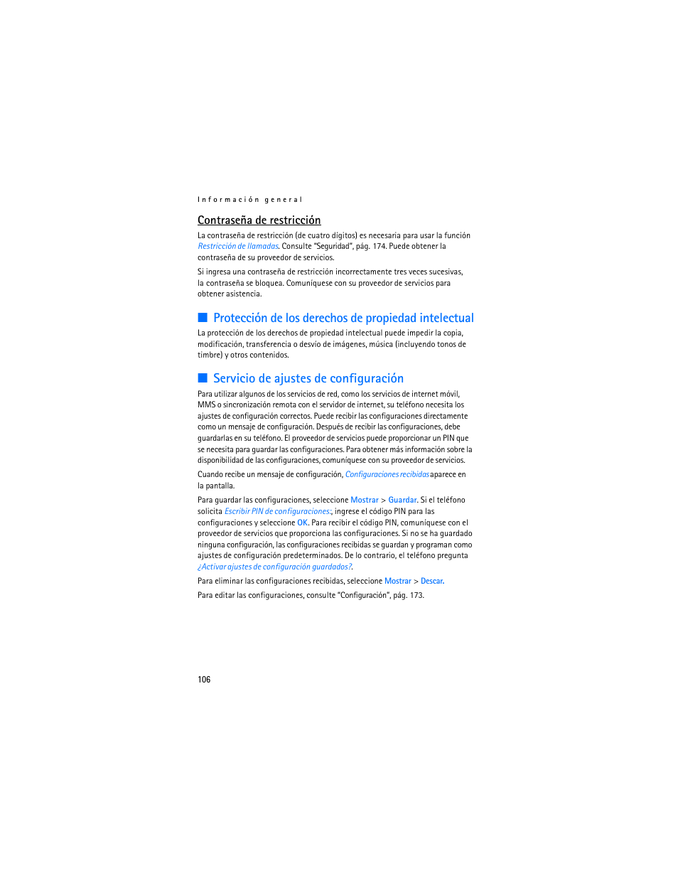 Servicio de ajustes de configuración, Contraseña de restricción | Nokia 6086 User Manual | Page 139 / 233