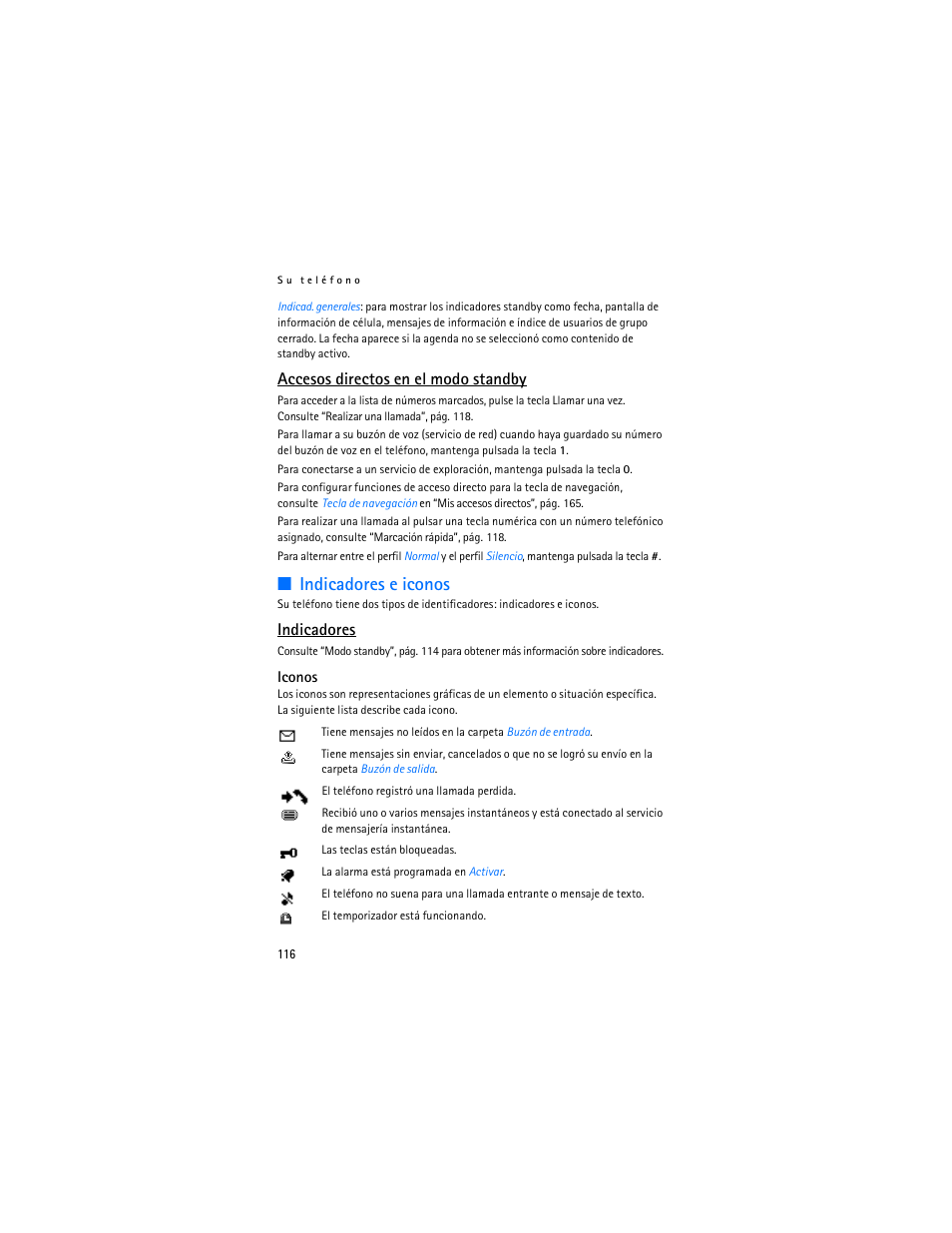 Indicadores e iconos, Accesos directos en el modo standby, Indicadores | Nokia 6086 User Manual | Page 149 / 233