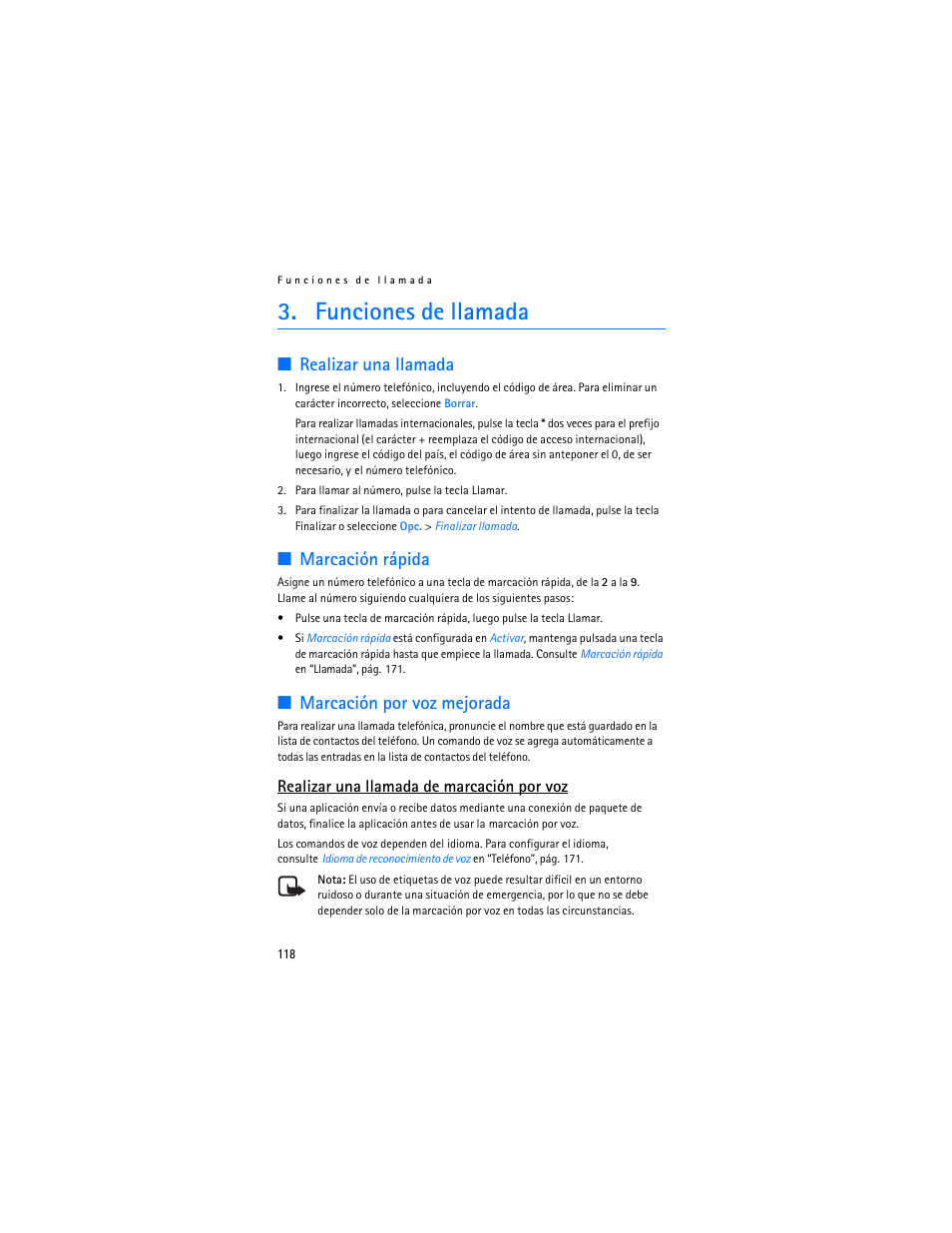 Funciones de llamada, Realizar una llamada, Marcación rápida | Marcación por voz mejorada, Realizar una llamada”, p, Realizar una llamada de marcación por voz | Nokia 6086 User Manual | Page 151 / 233