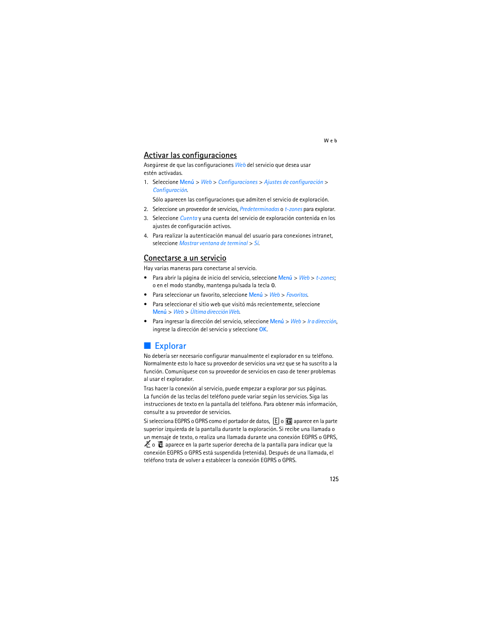 Explorar, Activar las configuraciones, Conectarse a un servicio | Nokia 6086 User Manual | Page 158 / 233