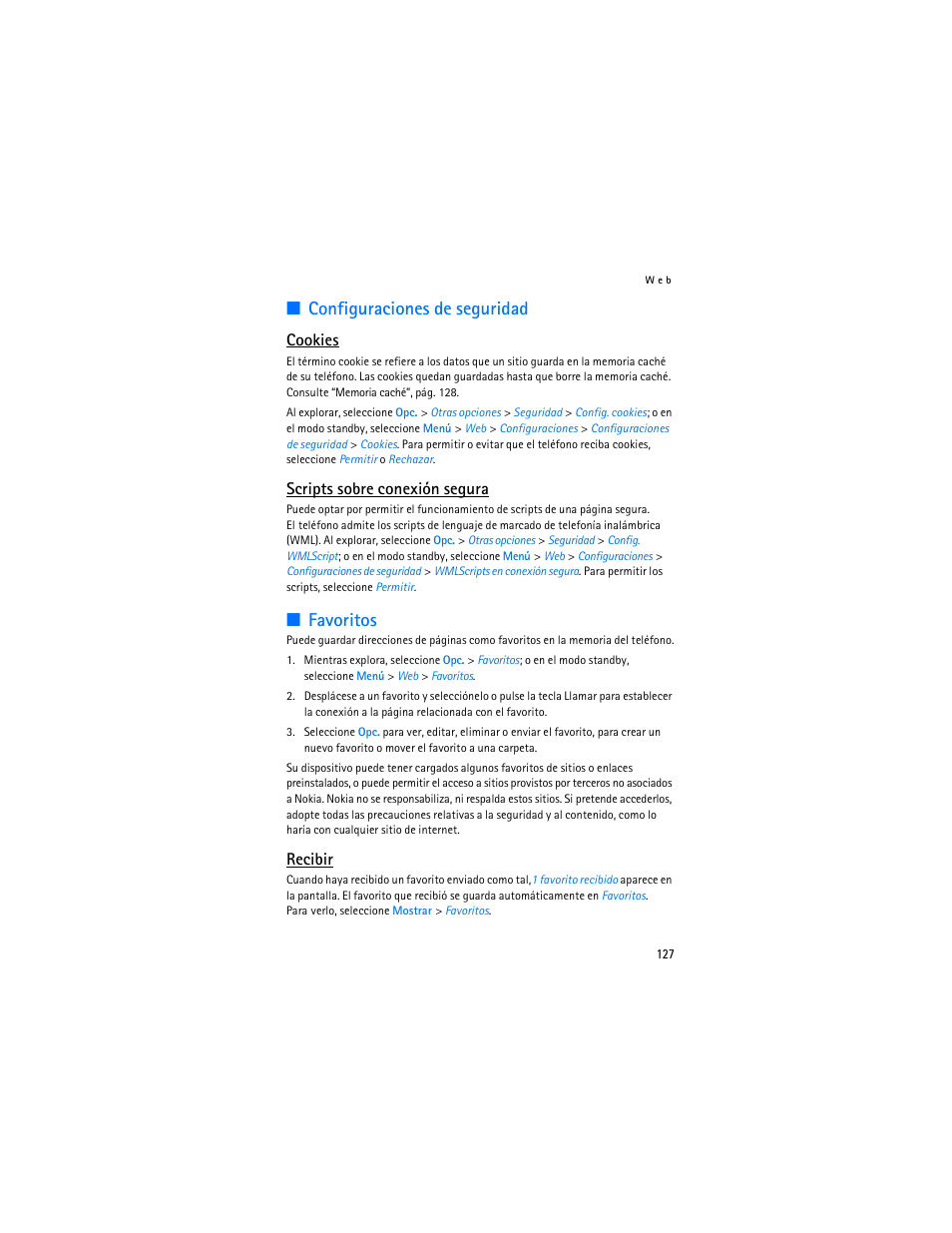 Configuraciones de seguridad, Favoritos, Configuraciones de seguridad favoritos | Cookies, Scripts sobre conexión segura, Recibir | Nokia 6086 User Manual | Page 160 / 233