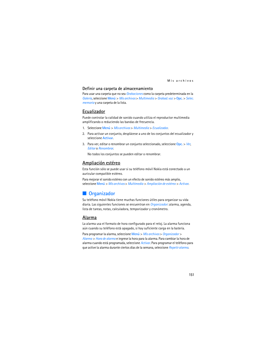 Organizador, Ecualizador, Ampliación estéreo | Alarma | Nokia 6086 User Manual | Page 184 / 233