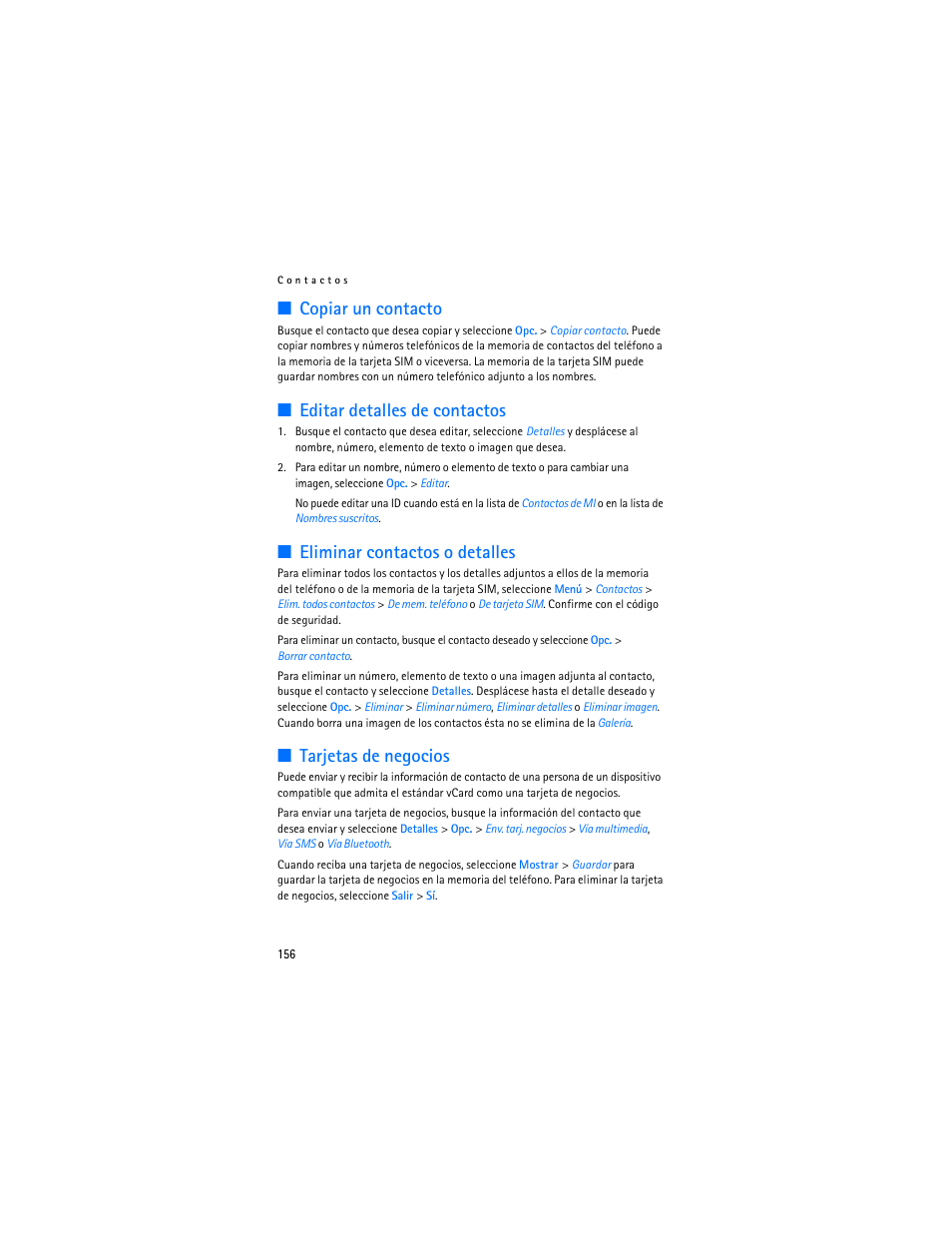 Copiar un contacto, Editar detalles de contactos, Eliminar contactos o detalles | Tarjetas de negocios | Nokia 6086 User Manual | Page 189 / 233