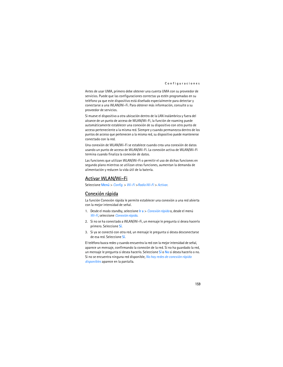 Activar wlan/wi-fi, Conexión rápida | Nokia 6086 User Manual | Page 192 / 233