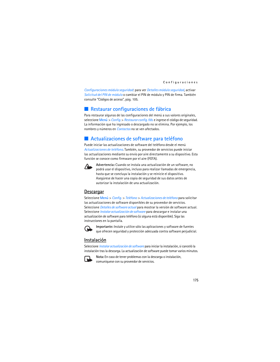 Restaurar configuraciones de fábrica, Actualizaciones de software para teléfono, Actualizaciones de software para teléfono”, p | Descargar, Instalación | Nokia 6086 User Manual | Page 208 / 233
