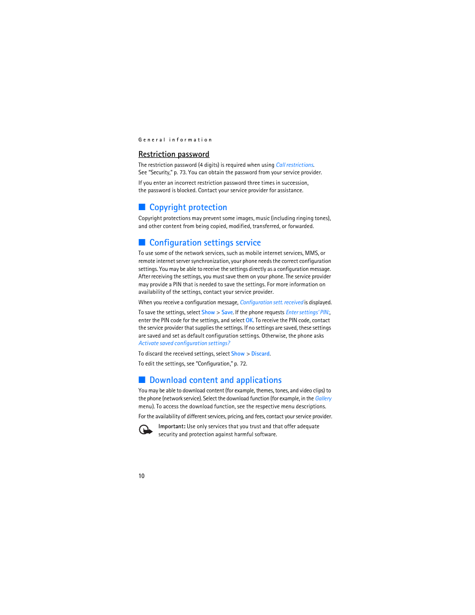 Copyright protection, Configuration settings service, Download content and applications | Restriction password | Nokia 6086 User Manual | Page 43 / 233