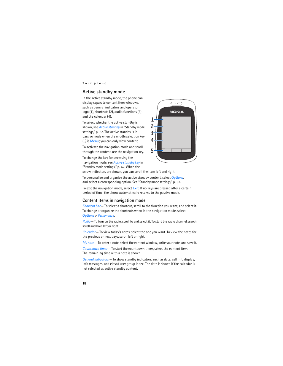 Active standby mode, Active standby mode,” on p. 18 | Nokia 6086 User Manual | Page 51 / 233