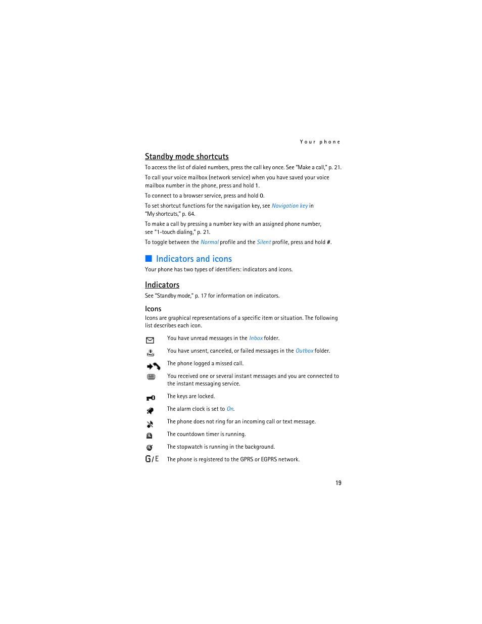 Indicators and icons, Standby mode shortcuts, Indicators | Nokia 6086 User Manual | Page 52 / 233