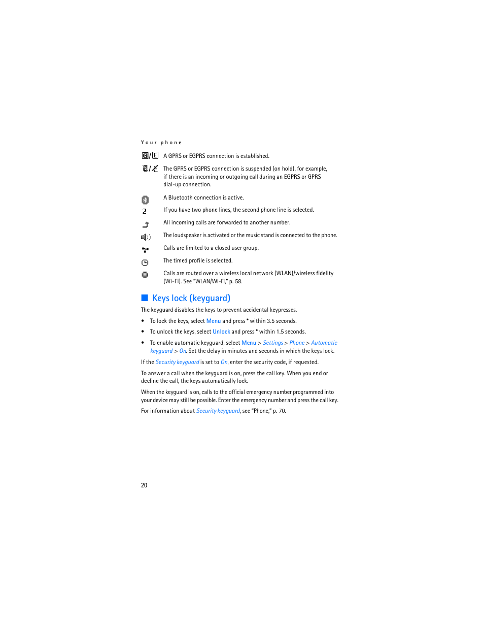 Keys lock (keyguard) | Nokia 6086 User Manual | Page 53 / 233