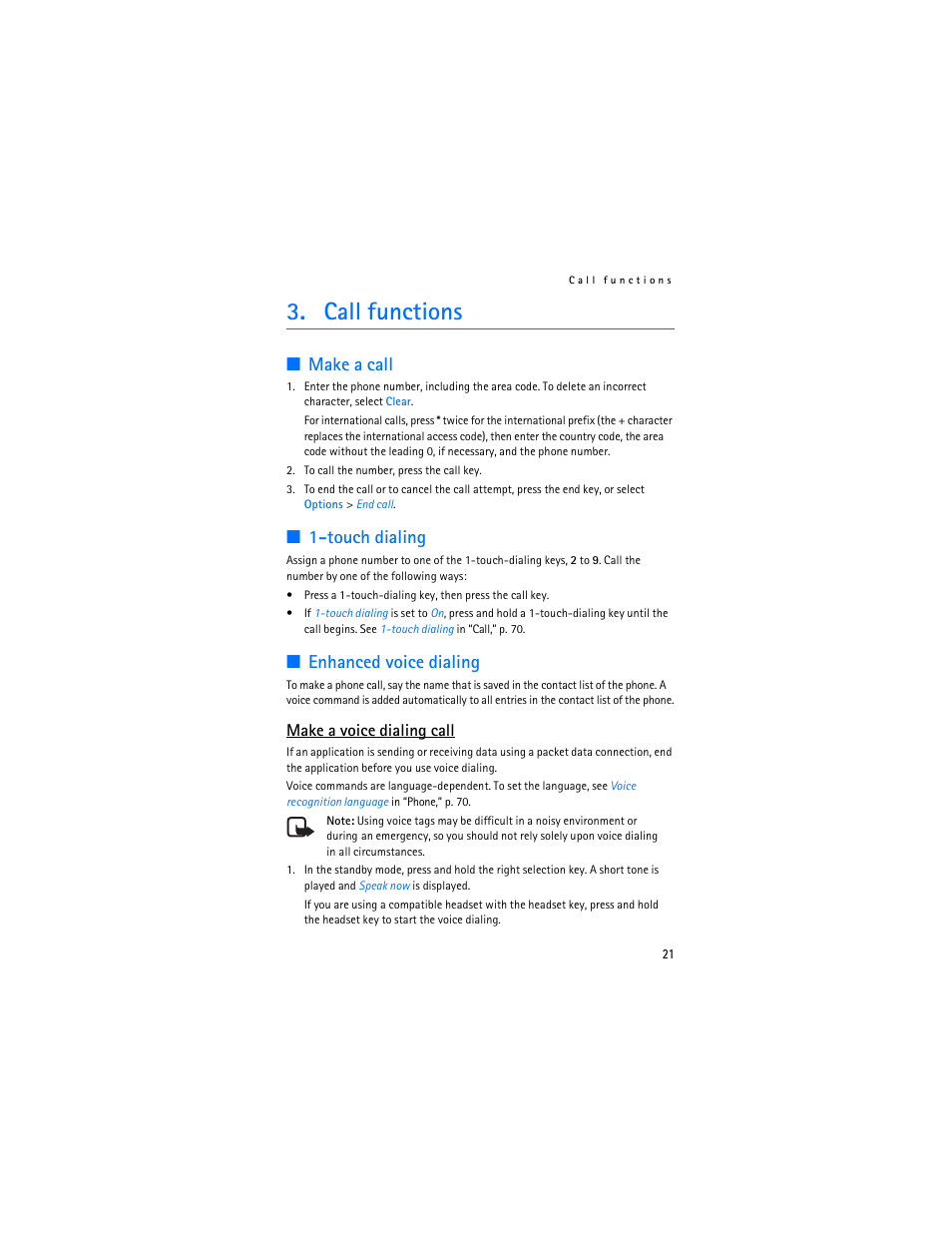 Call functions, Make a call, 1touch dialing | Enhanced voice dialing, Make a call 1-touch dialing enhanced voice dialing, Ee “make a call,” p, Touch dialing, Make a voice dialing call | Nokia 6086 User Manual | Page 54 / 233