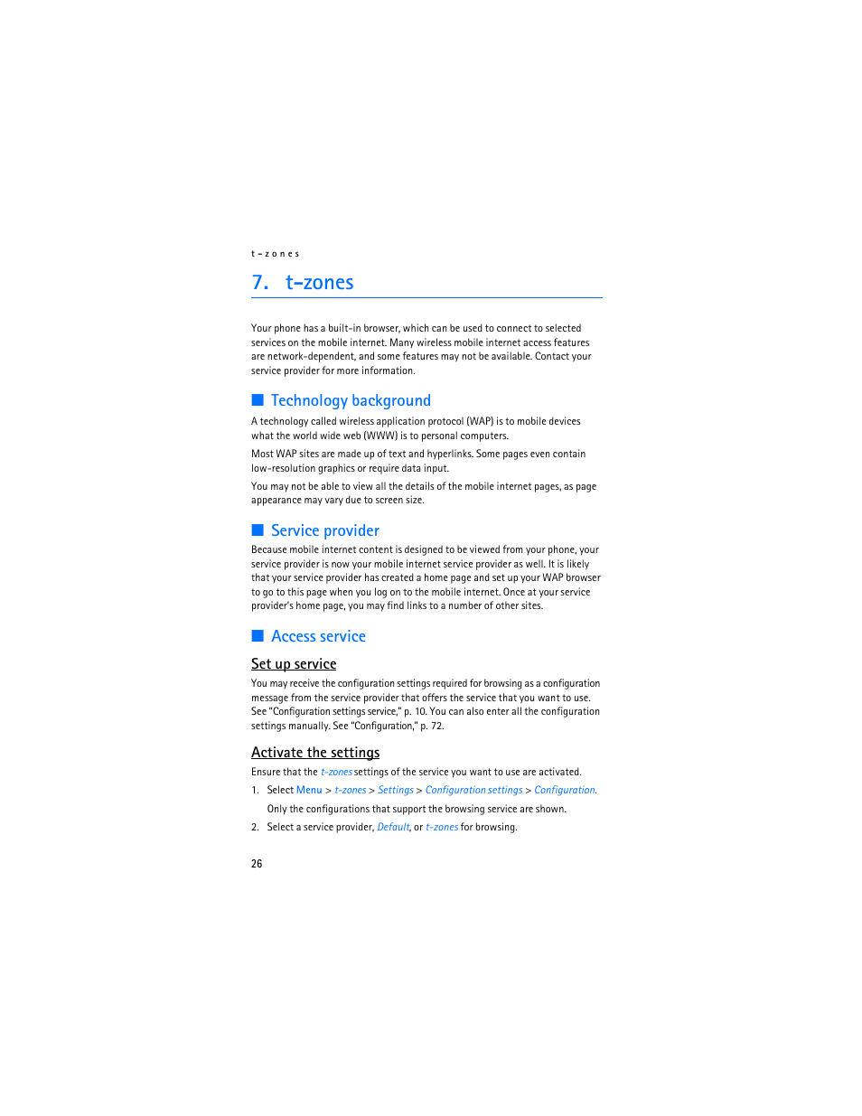 T-zones, Technology background, Service provider | Access service, Set up service, Activate the settings | Nokia 6086 User Manual | Page 59 / 233