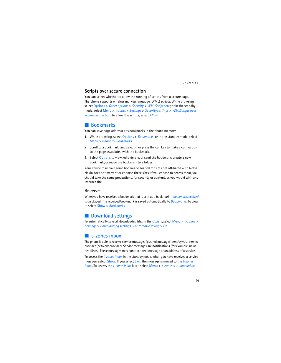 Bookmarks, Download settings, T-zones inbox | Bookmarks download settings t-zones inbox, Scripts over secure connection, Receive | Nokia 6086 User Manual | Page 62 / 233