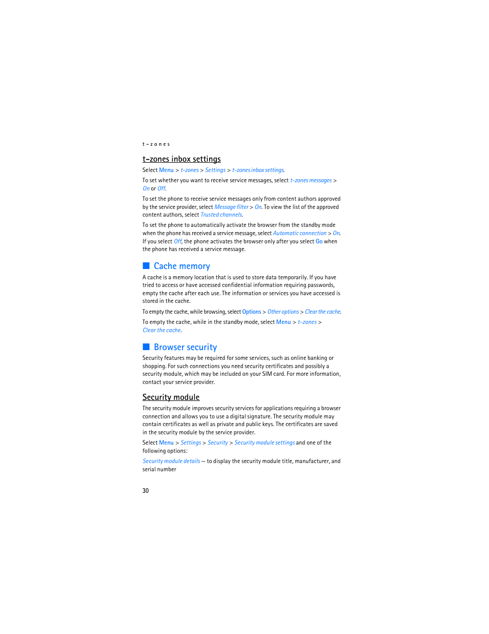 Cache memory, Browser security, Cache memory browser security | Security module, Cache memory,” p, T-zones inbox settings | Nokia 6086 User Manual | Page 63 / 233