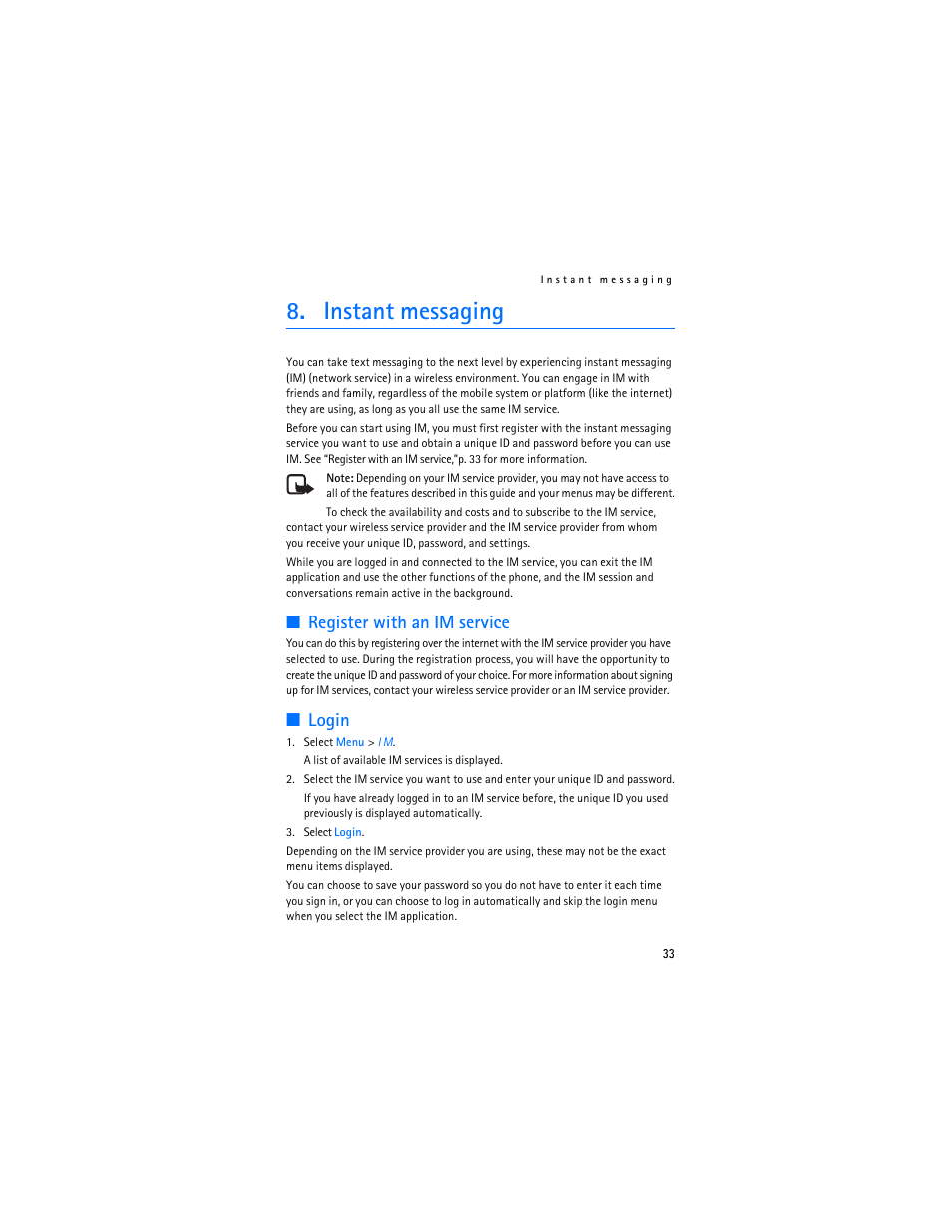 Instant messaging, Register with an im service, Login | Register with an im service login | Nokia 6086 User Manual | Page 66 / 233