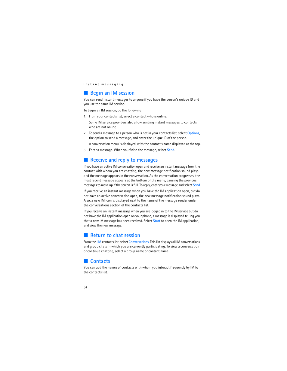 Begin an im session, Receive and reply to messages, Return to chat session | Contacts | Nokia 6086 User Manual | Page 67 / 233