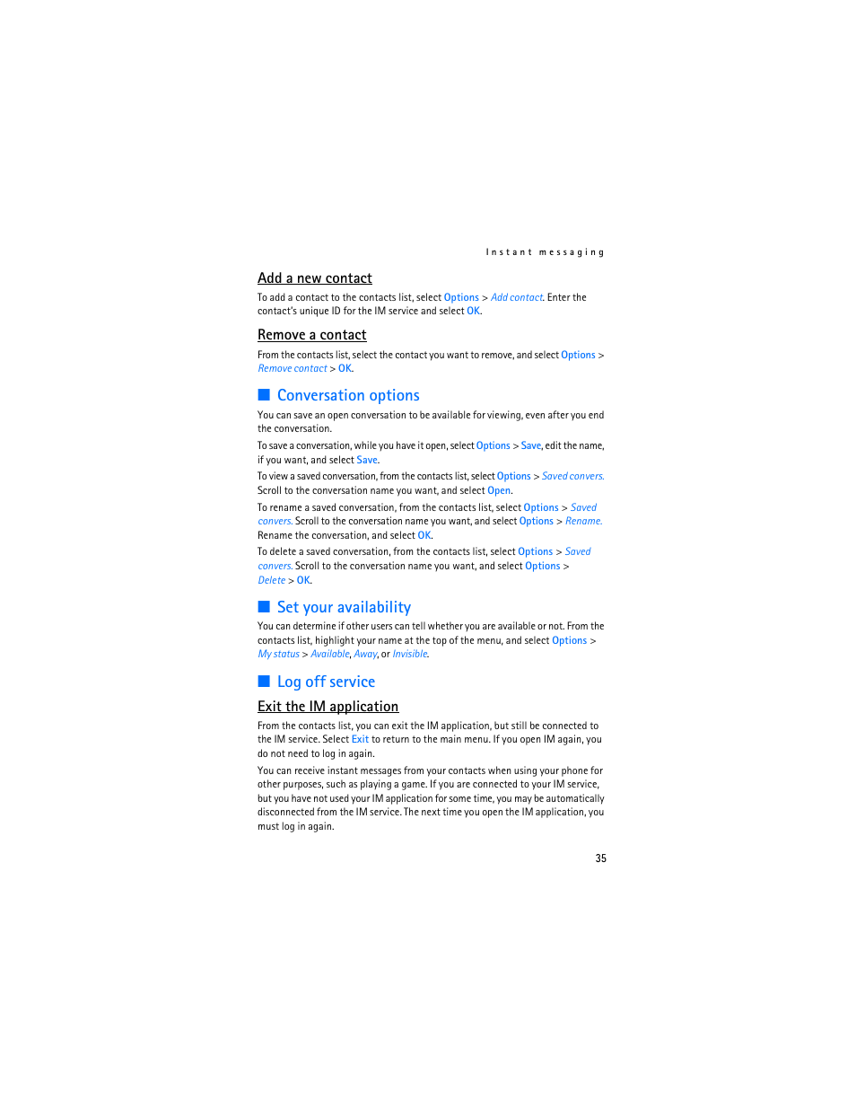 Conversation options, Set your availability, Log off service | Add a new contact, Remove a contact, Exit the im application | Nokia 6086 User Manual | Page 68 / 233