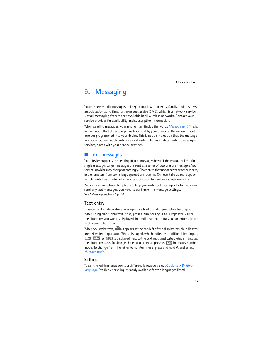 Messaging, Text messages, Text entry | Nokia 6086 User Manual | Page 70 / 233