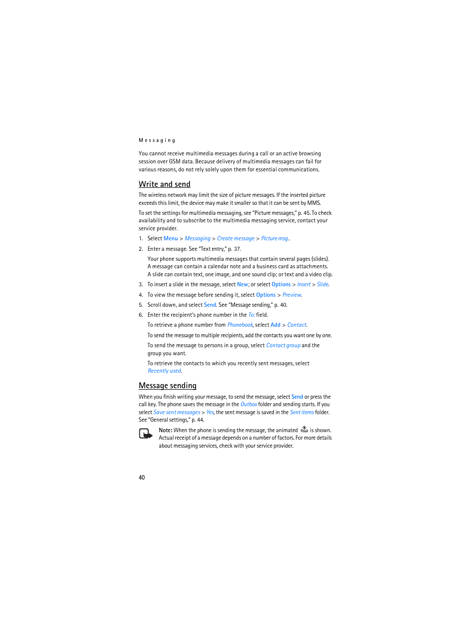 Write and send, Message sending | Nokia 6086 User Manual | Page 73 / 233