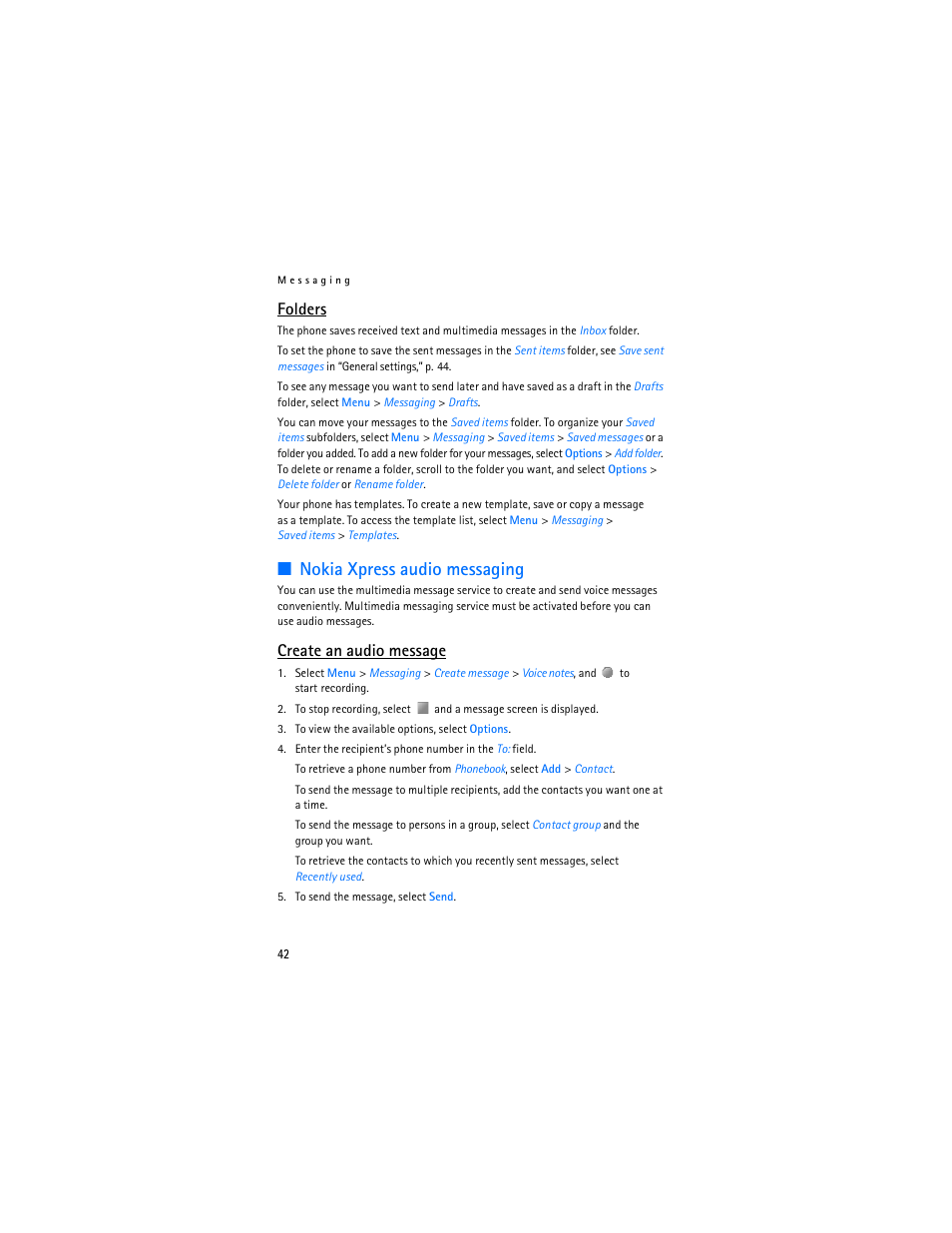 Nokia xpress audio messaging, Folders, Create an audio message | Nokia 6086 User Manual | Page 75 / 233
