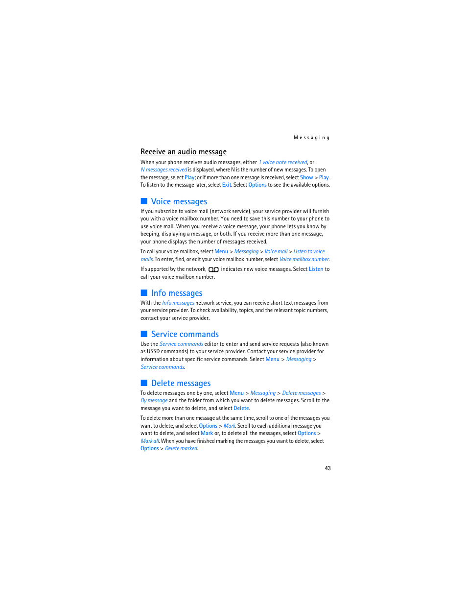 Voice messages, Info messages, Service commands | Delete messages, Receive an audio message | Nokia 6086 User Manual | Page 76 / 233