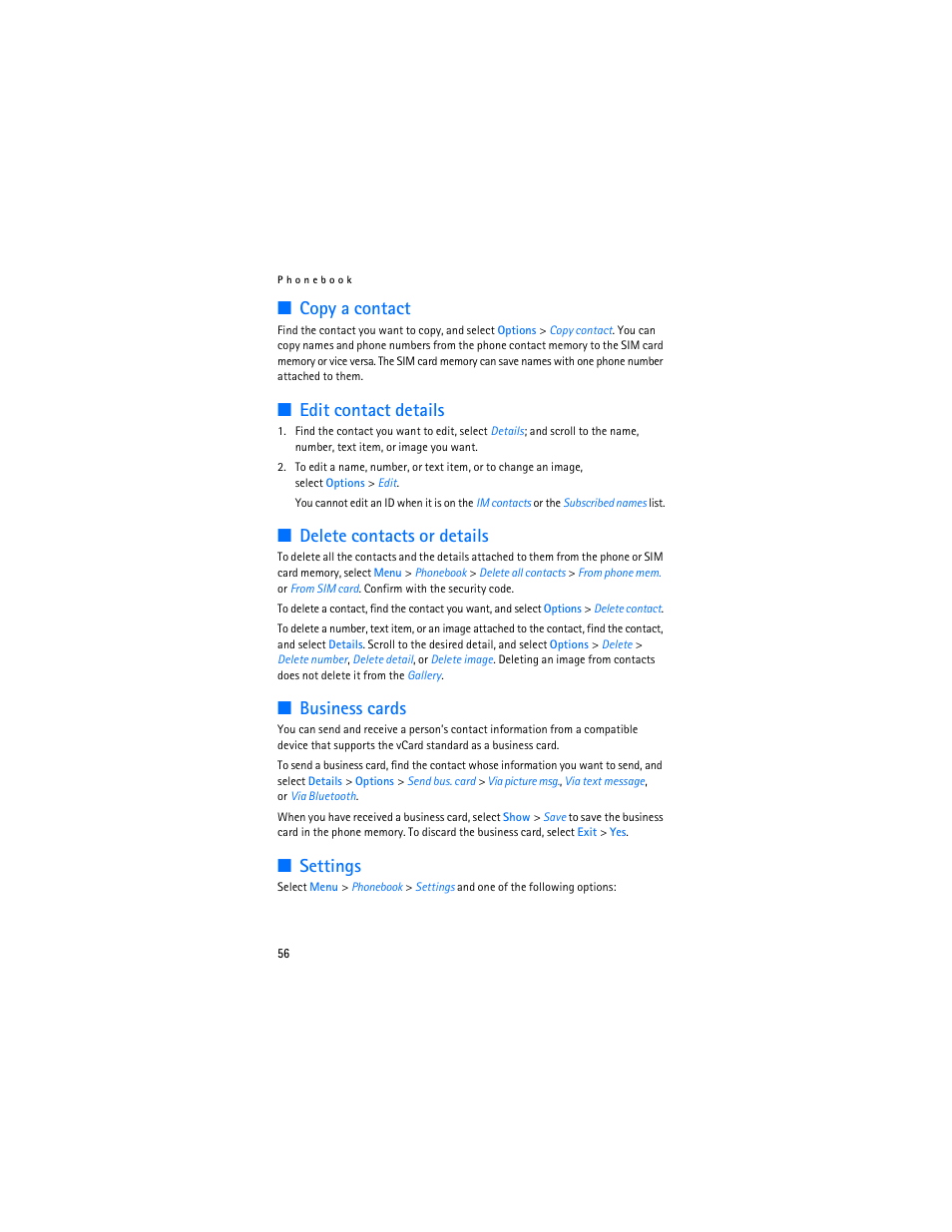 Copy a contact, Edit contact details, Delete contacts or details | Business cards, Settings | Nokia 6086 User Manual | Page 89 / 233
