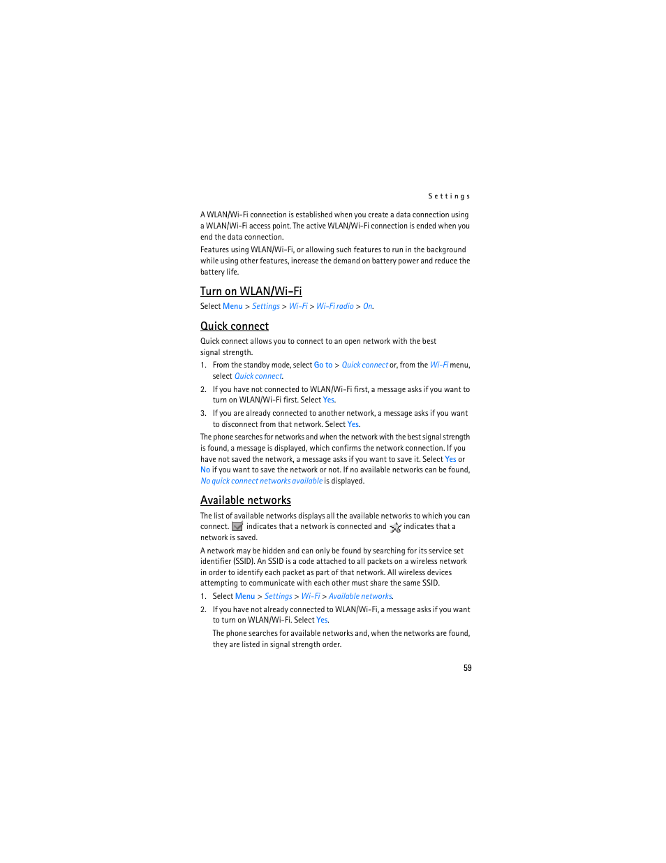 Turn on wlan/wi-fi, Quick connect, Available networks | Nokia 6086 User Manual | Page 92 / 233