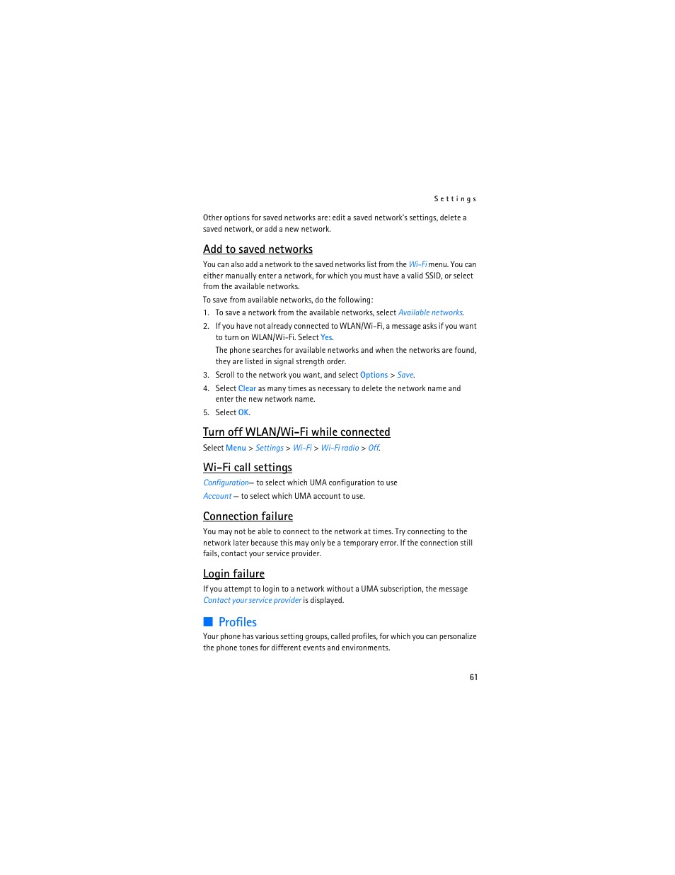 Profiles, Add to saved networks, Turn off wlan/wi-fi while connected | Wi-fi call settings, Connection failure, Login failure | Nokia 6086 User Manual | Page 94 / 233