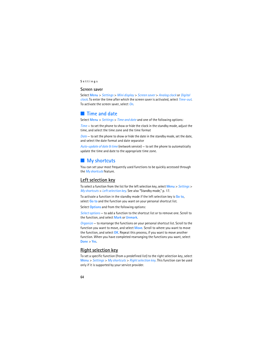 Time and date, My shortcuts, Time and date my shortcuts | D “time and date, Left, Selection key, Right selection key, My shortcuts,” p, Left selection key | Nokia 6086 User Manual | Page 97 / 233
