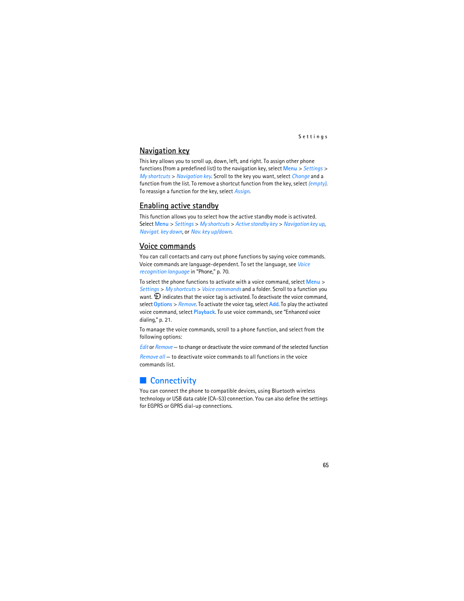 Connectivity, Enabling active, Standby,” p | Navigation key, Enabling active standby, Voice commands | Nokia 6086 User Manual | Page 98 / 233