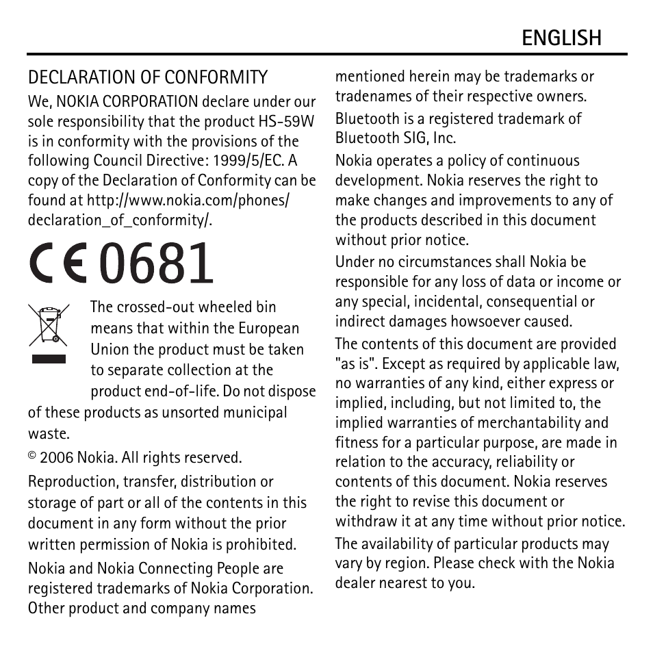 English | Nokia Bluetooth Headset BH-600 User Manual | Page 3 / 10