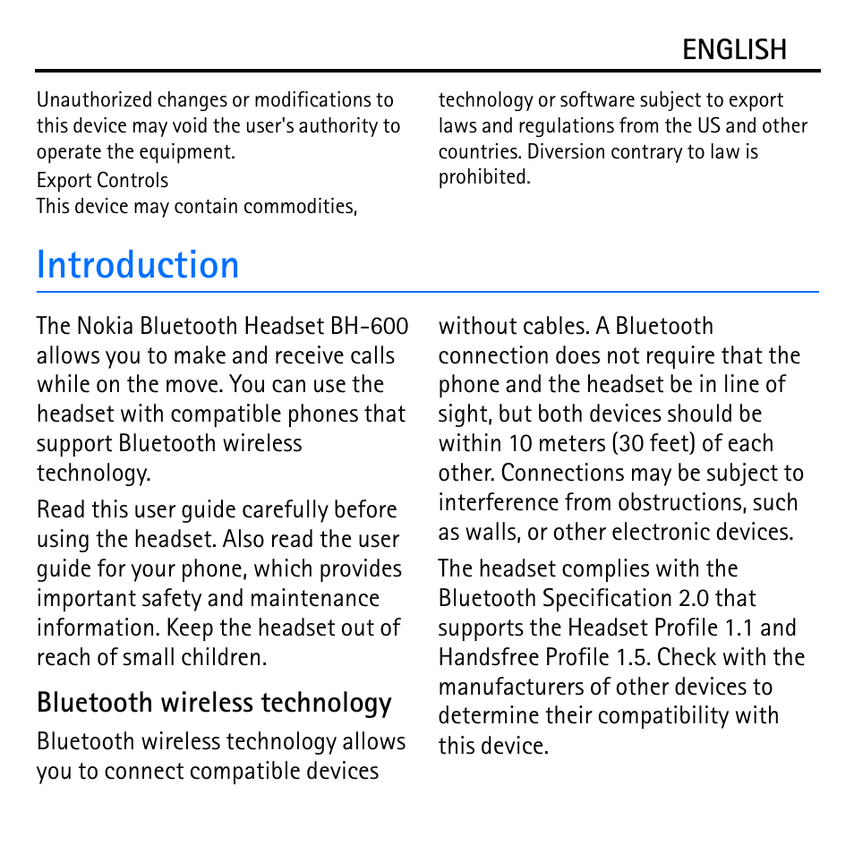 Introduction | Nokia Bluetooth Headset BH-600 User Manual | Page 4 / 10