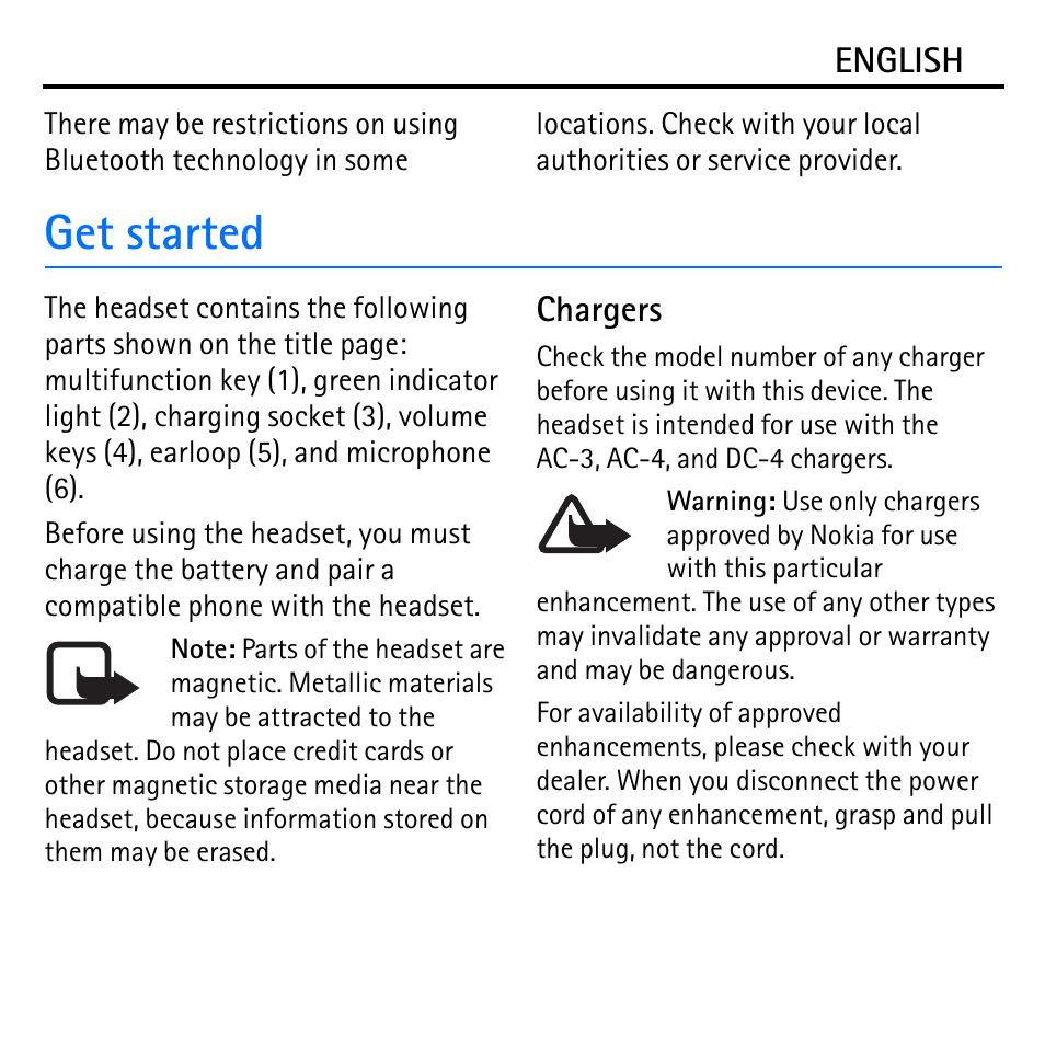 Get started | Nokia Bluetooth Headset BH-600 User Manual | Page 5 / 10