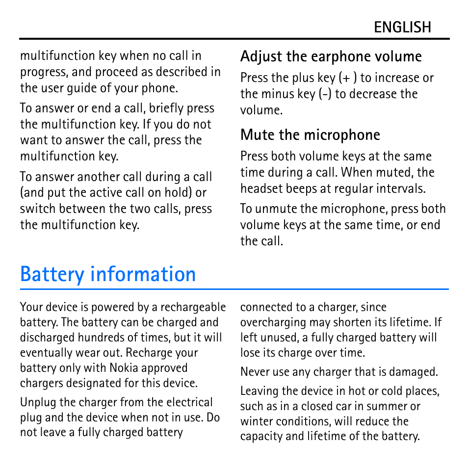 Battery information | Nokia Bluetooth Headset BH-600 User Manual | Page 8 / 10
