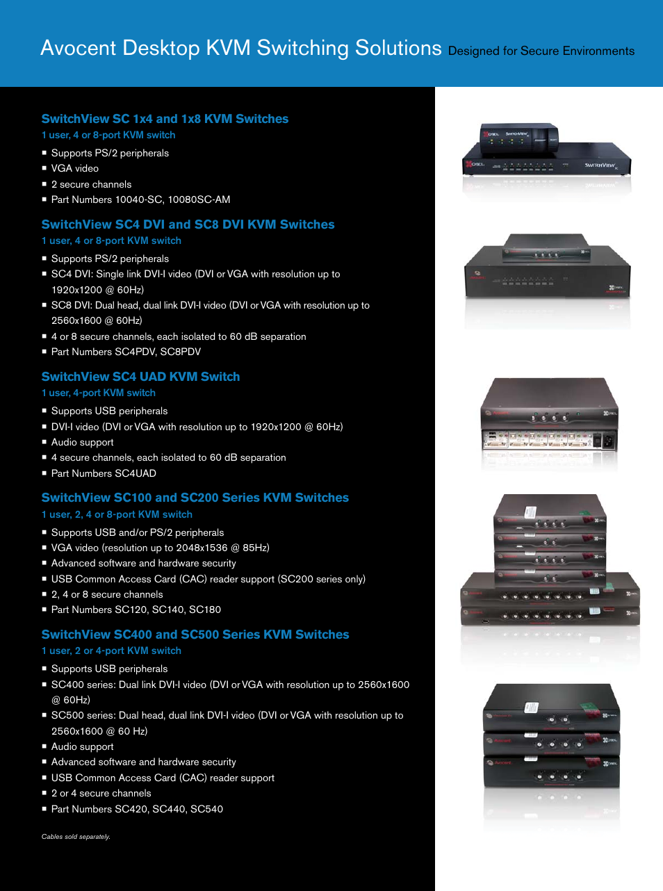 Avocent desktop kvm switching solutions, Switchview sc 1x4 and 1x8 kvm switches, Switchview sc4 dvi and sc8 dvi kvm switches | Switchview sc4 uad kvm switch, Designed for secure environments | Avocent SC200 Series User Manual | Page 7 / 8