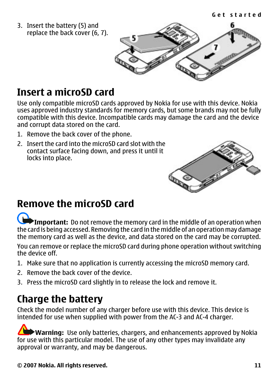 Insert a microsd card, Remove the microsd card, Charge the battery | Nokia 5310 User Manual | Page 12 / 114