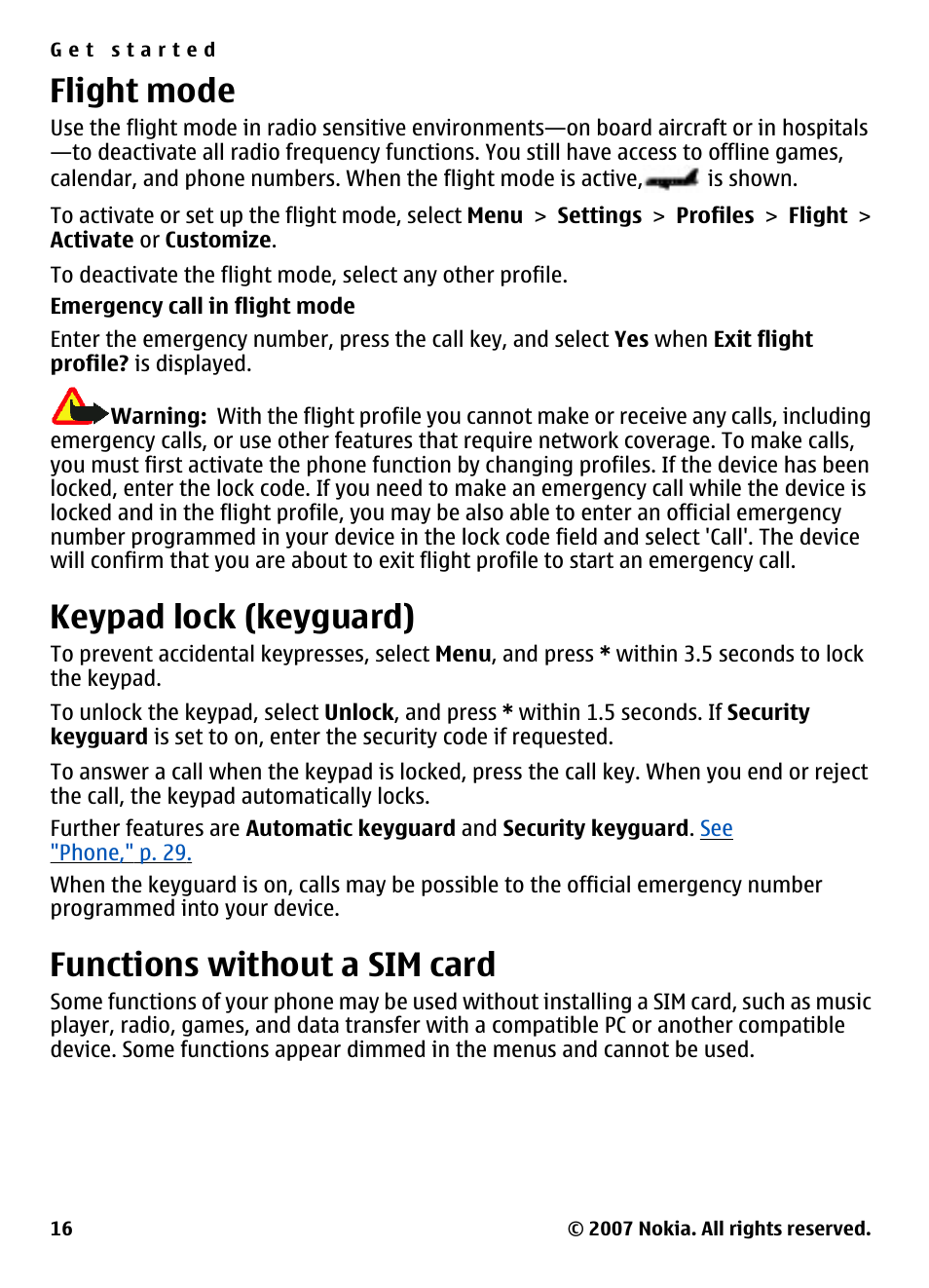 Flight mode, Keypad lock (keyguard), Functions without a sim card | Nokia 5310 User Manual | Page 17 / 114