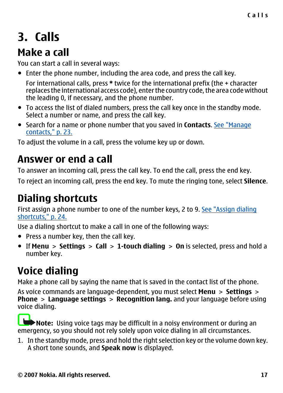 Calls, Make a call, Answer or end a call | Dialing shortcuts, Voice dialing | Nokia 5310 User Manual | Page 18 / 114