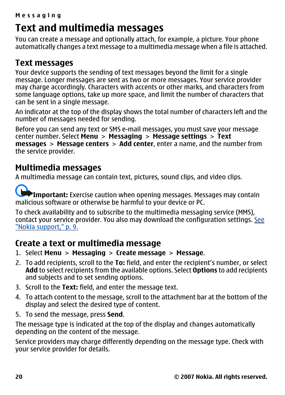 Text and multimedia messages, Text messages, Multimedia messages | Create a text or multimedia message, Create a text or multimedia, Message | Nokia 5310 User Manual | Page 21 / 114