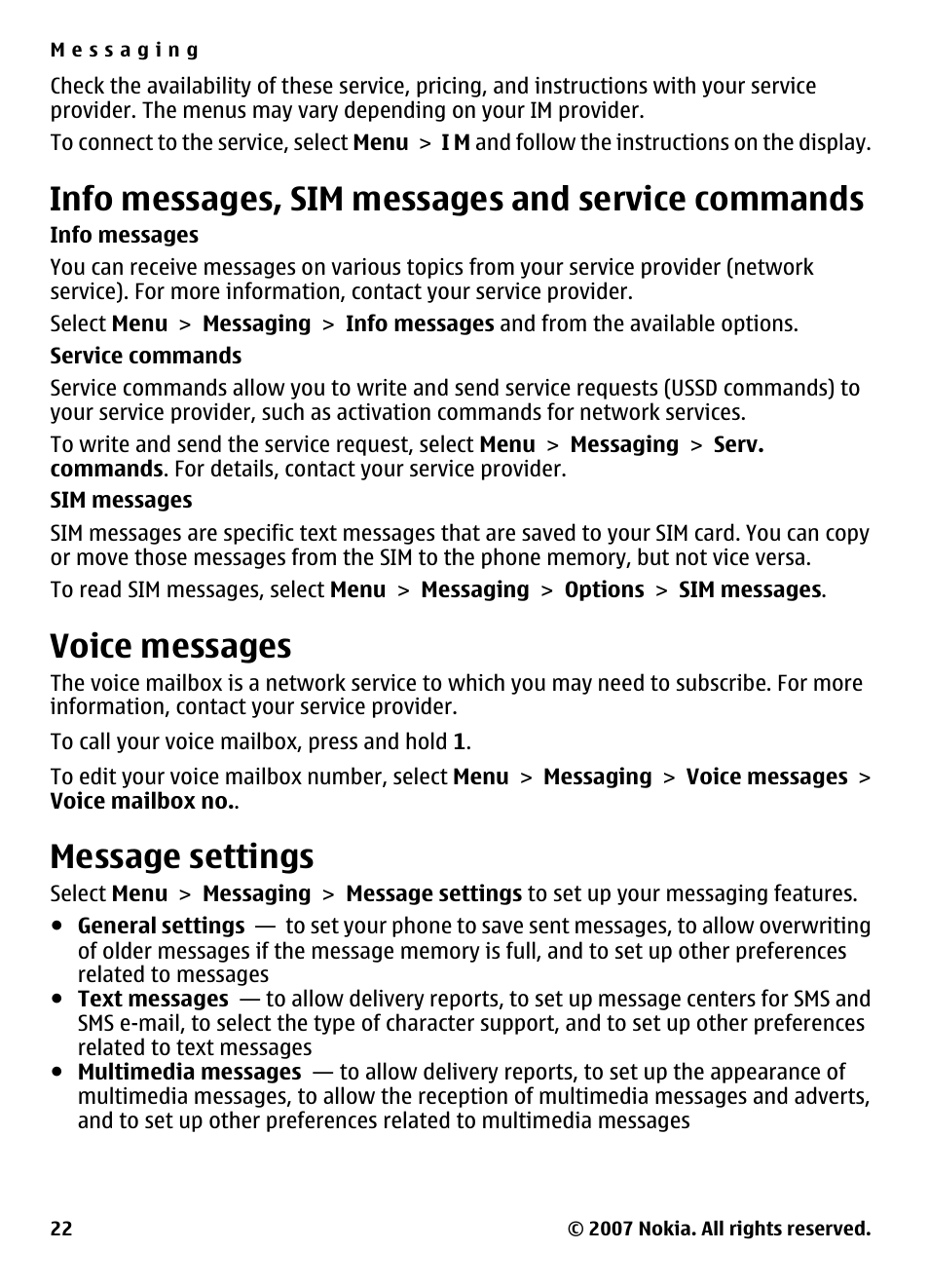 Info messages, sim messages and service commands, Voice messages, Message settings | Info messages, sim messages and, Service commands | Nokia 5310 User Manual | Page 23 / 114